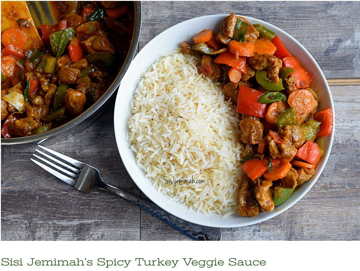 Sisi Jemimah's spicy Turkey Veggie Sauce with white rice.