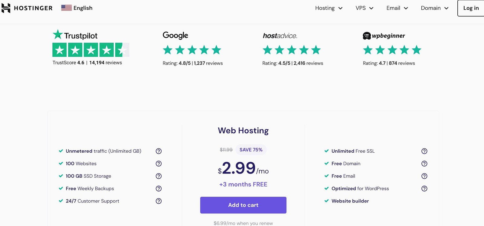 Buy discounted web hosting and get one year free domain from Hostinger