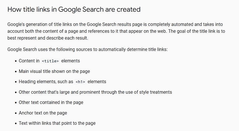 Title links on Google search results page are generated from different sources including the title tag (or page title)