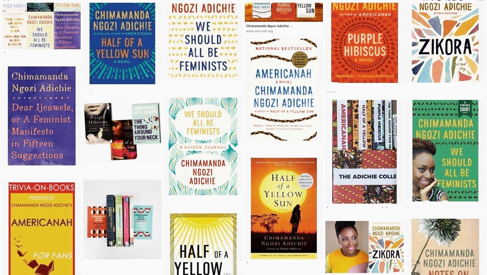 Covers of different books written by Chimamanda Ngozi Adichie.