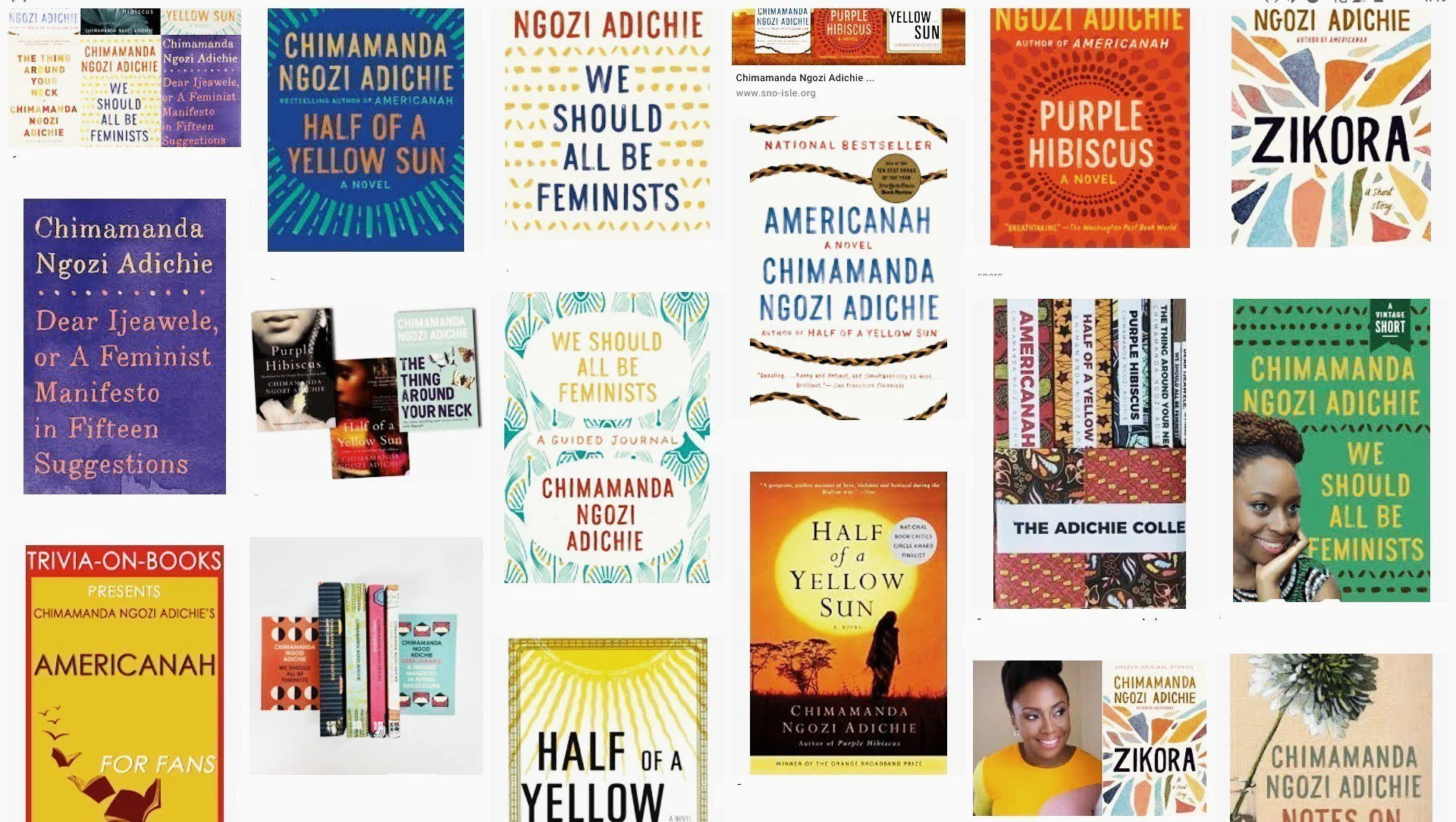 Covers of different books written by Chimamanda Ngozi Adichie.