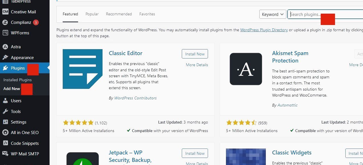 To search for a plugin, click 'Plugins' >>'Add New Plugins' >> 'Search plugins'.