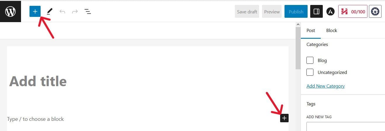 You can view the different blocks in your WordPress editor by clicking any of the (+) signs on your edit screen.
