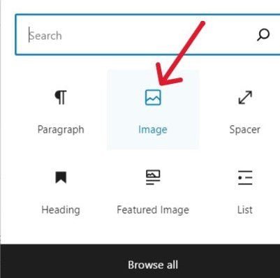 To add an image to your post, place your cursor where you want to put it, click on the Add block (+) sign, and select the Image block.