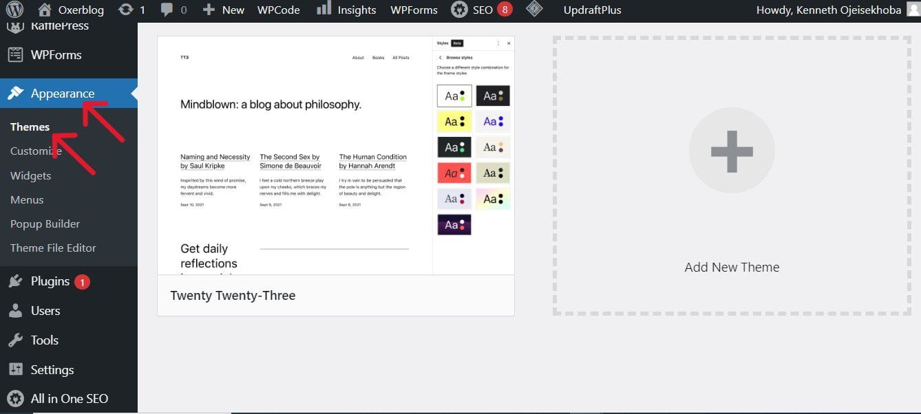 Once you click 'Appearance' >> 'Themes', you'll see a few free themes that WordPress.org has handpicked for you.