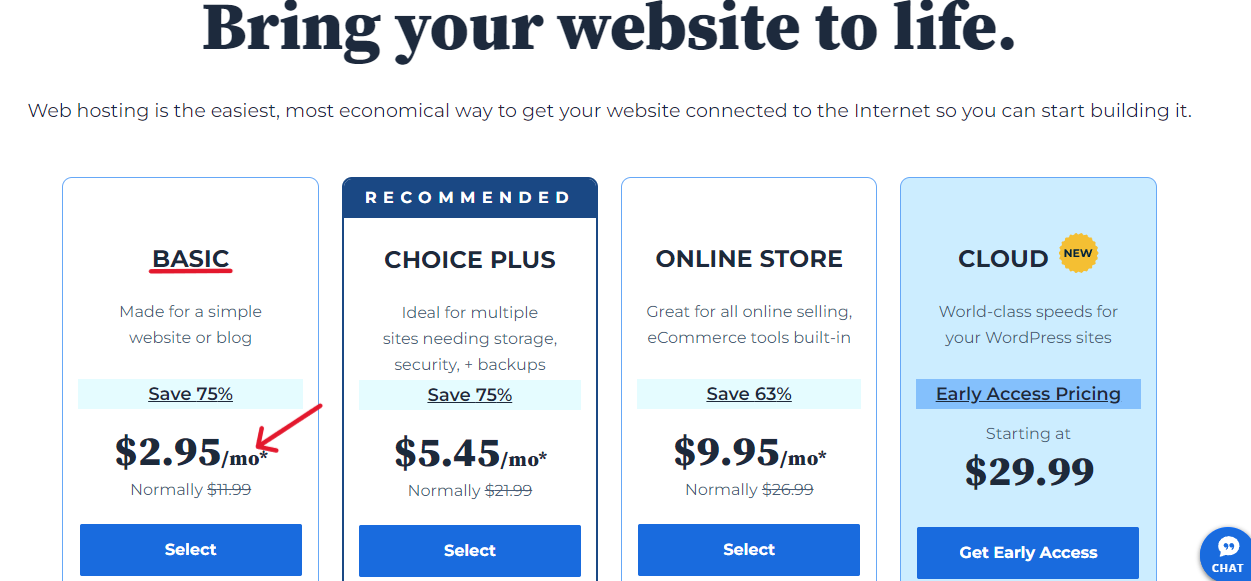 For a simple website, you can start with Bluehost's Basic hosting plan.