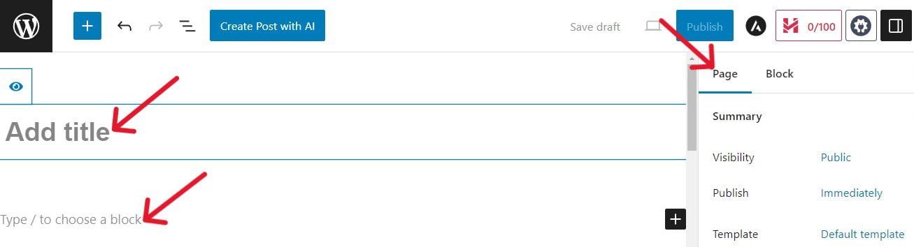 Type in your page heading in the title text box and add the content for the page in the space below.