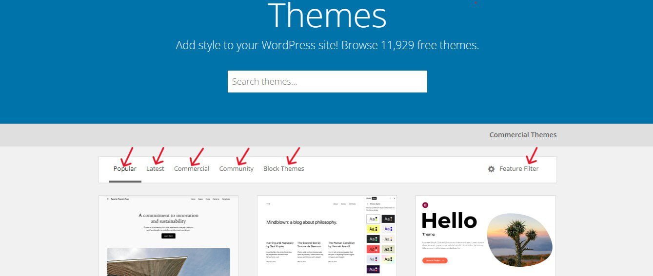 You can sort for free themes in the WordPress theme directory by Popular, Latest, Commercial, Community, and Block Themes.