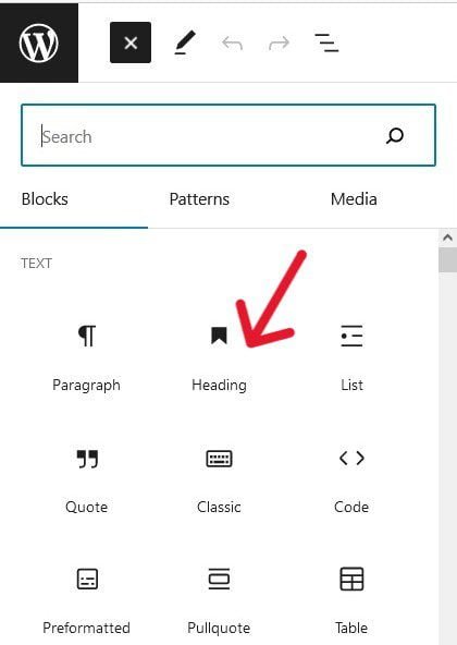 Use Heading tab in the Block editor to arrange your content structure.