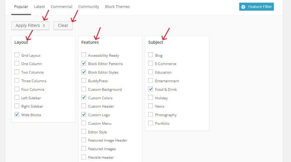 You can choose the specific features you want your free theme to have using the Feature Filter tab.