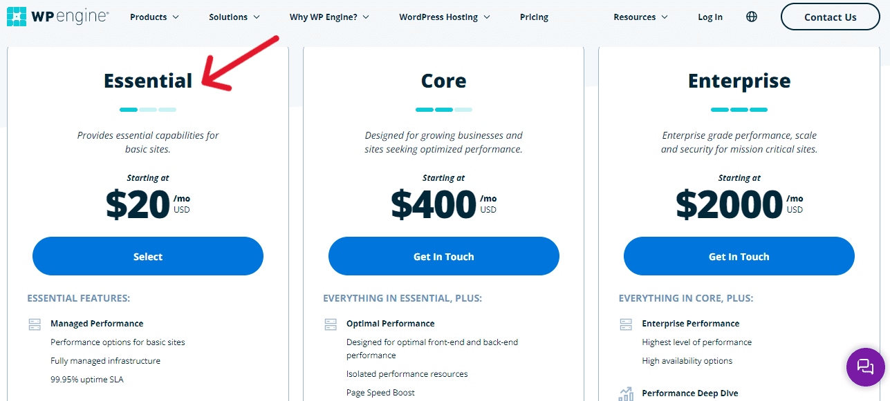 For an advanced website, you can purchase WPEngine's Essential hosting plan.