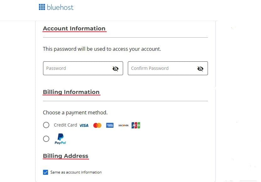 Fill in your accurate information in the Account information, Billing information, and Billing address section of the checkout page.