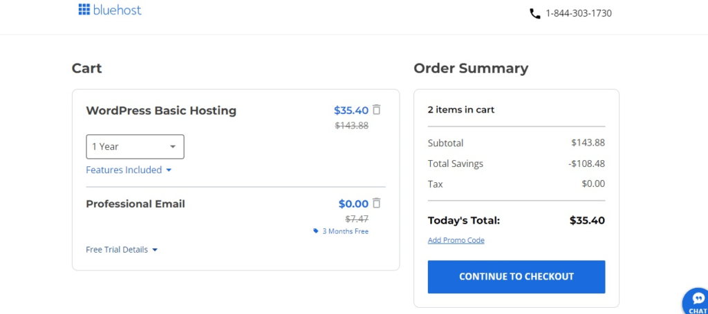 Select the hosting period you want in the Cart to see the total bill in the Order Summary section.