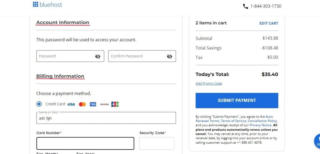 Create and confirm your password in the account information section, and fill in your details in the billing information section.