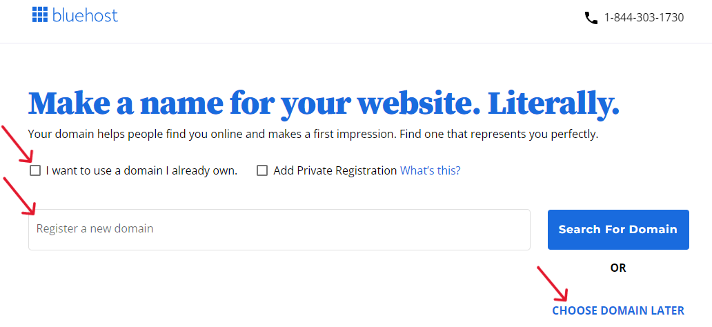 Bluehost offers 3 options to set up your domain name.